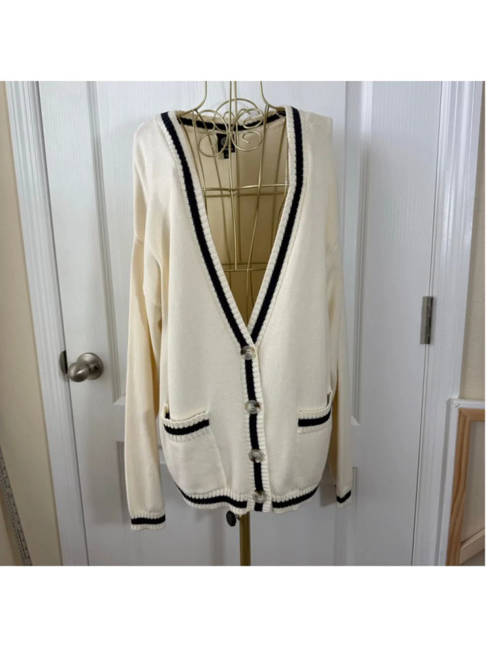 Women's Bobeau Tennis Cardigan Sweater Size L Beige Black